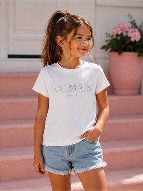 Authentic Balmain Kids White Silver Logo T Shirt | Size 8